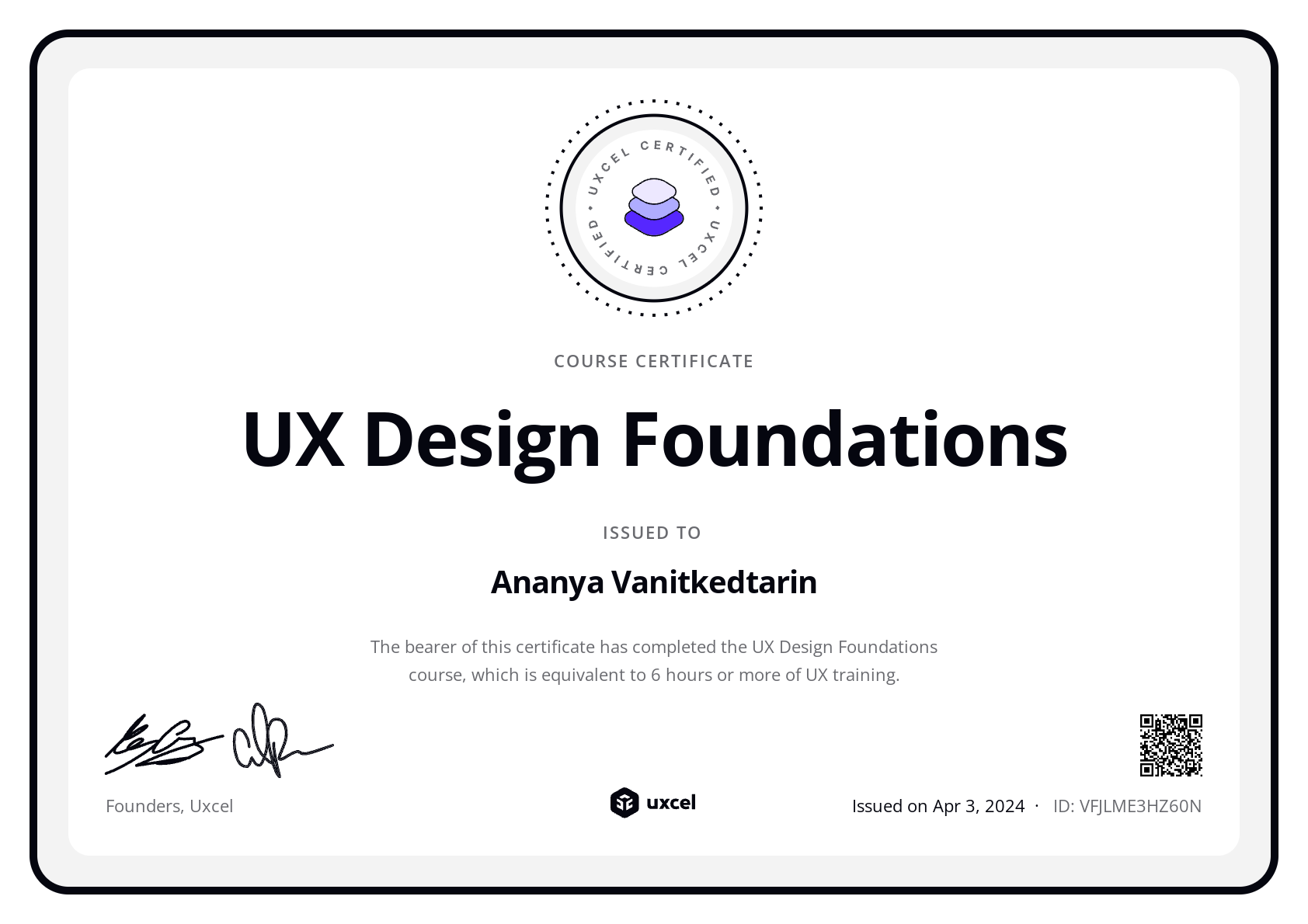 Ananya Vanitkedtarin's certificate